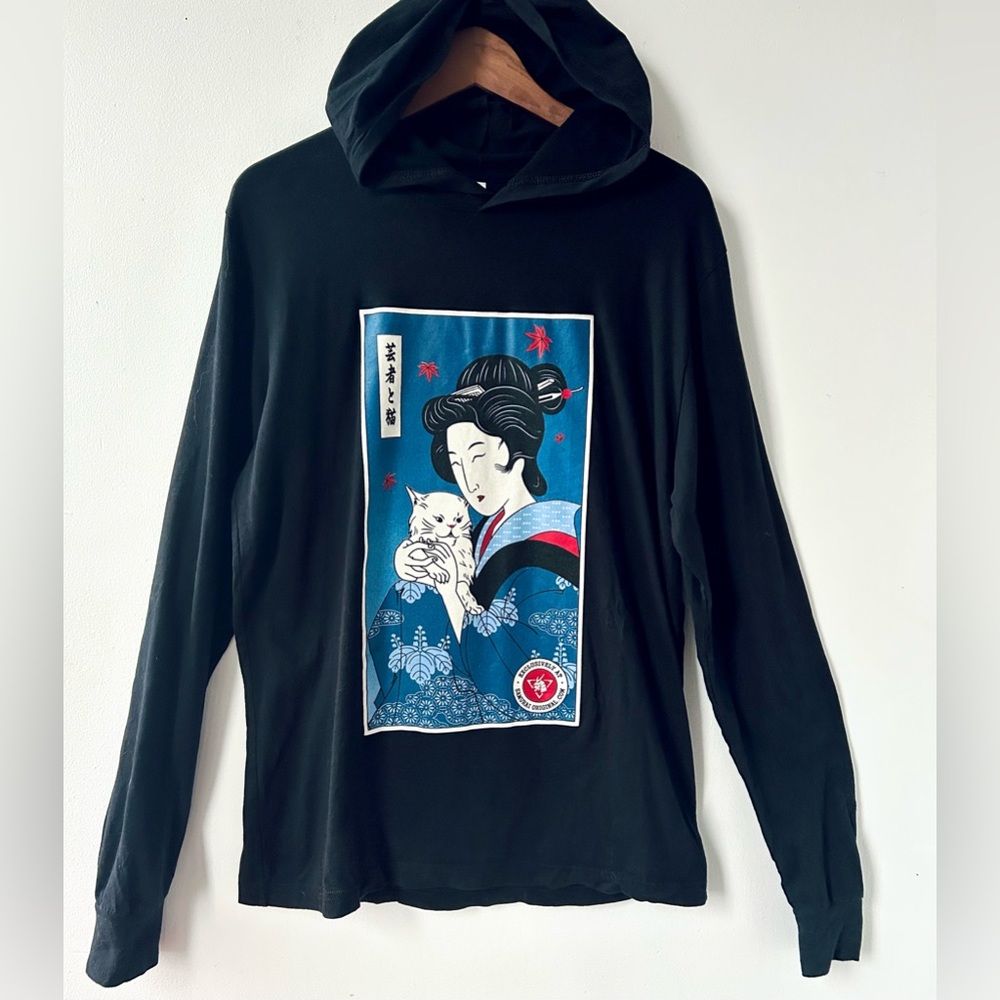 Japanese Anime Samurai Cat Hoodie Sweater Sz L